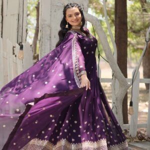 Purple Designer Faux Blooming Anarkali Gown with Sequins Embroidered Dupatta ? Wedding & Festive Wear