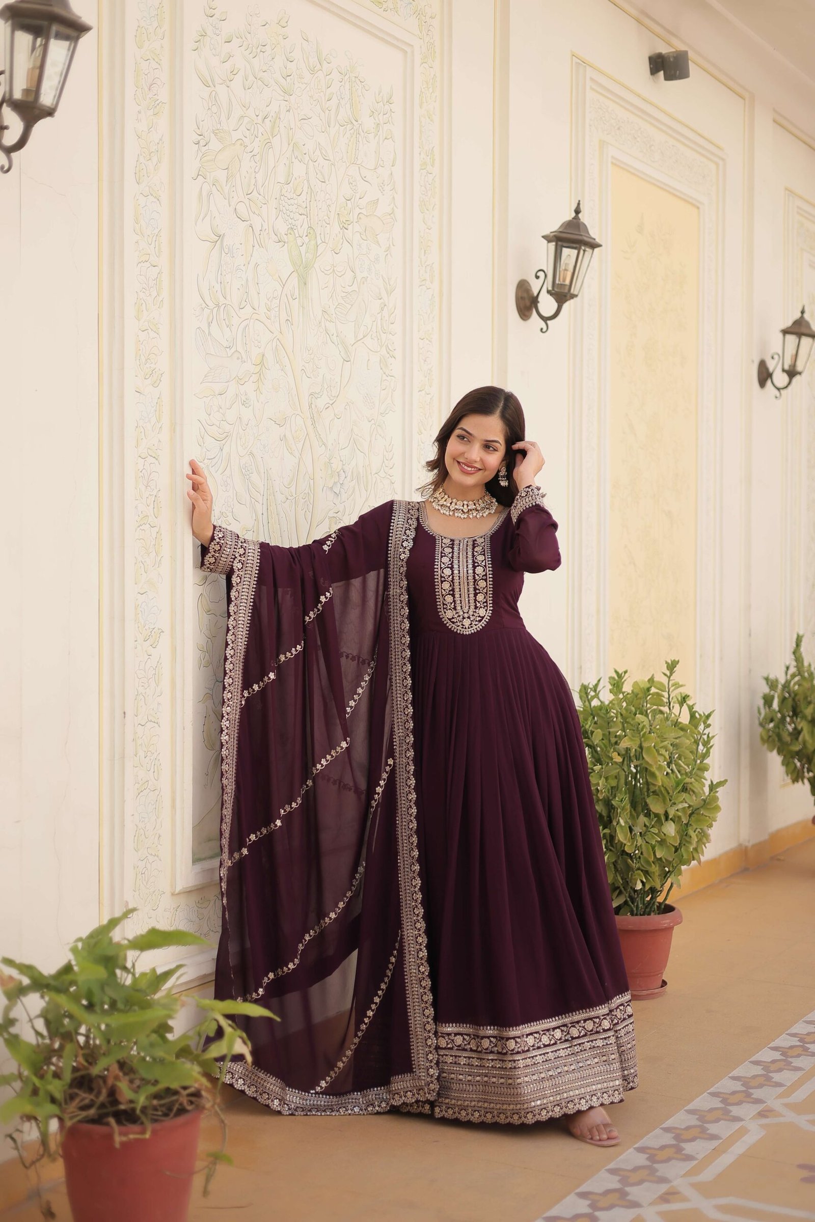 Wine Faux Blooming Sequins Embroidered Gown with Matching Dupatta ? Festive & Party Wear 2024 - Image 6