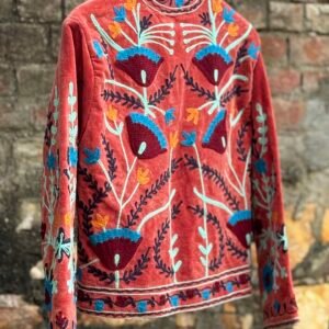 Womens Terracotta Velvet Embroidered Jacket with Floral Design
